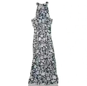 Long Sleeveless Halter Floral Print Maxi Dress with belt Dark Green and White